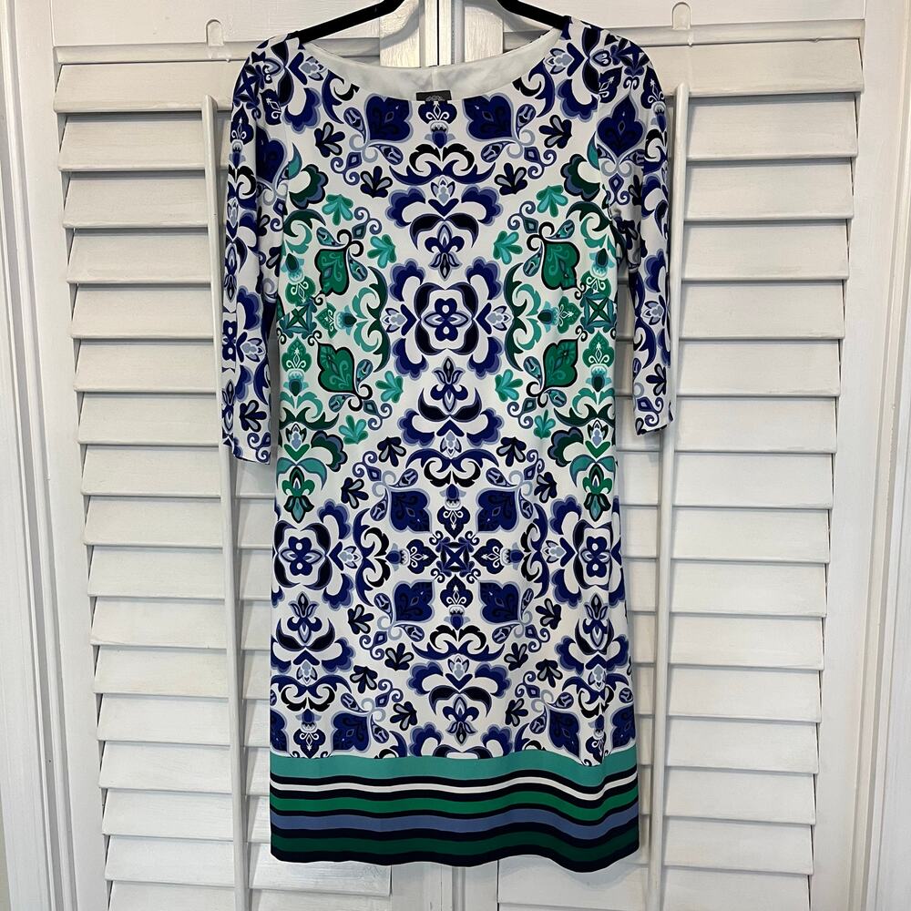 Vince Camuto Blue And Green 3/4 Scroll Print Dress Size 6